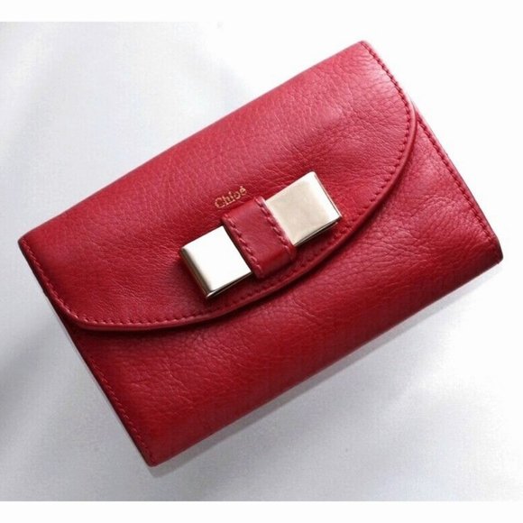 Chloe Ribbon Genuine Leather Trifold Wallet Red - Picture 4 of 11
